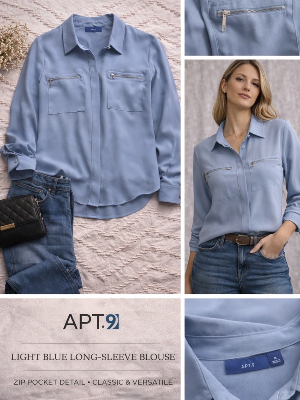 Apt. 9 Powder Blue Button-Front Zip-Pocket Blouse